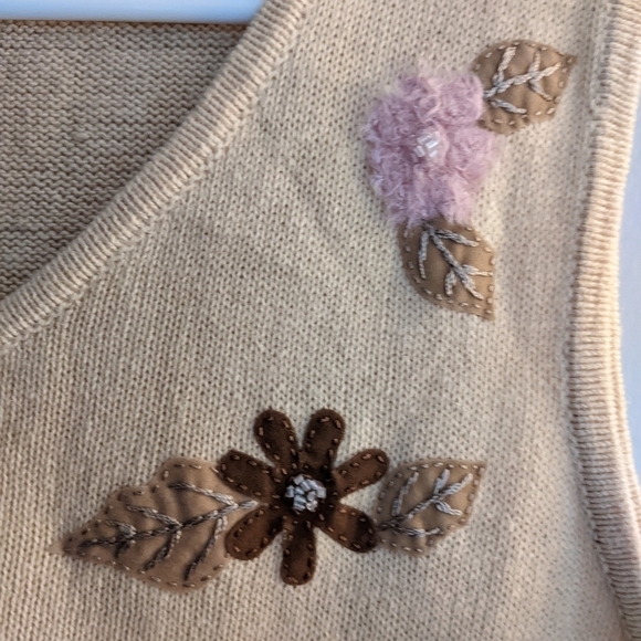 Vintage Embellished Embroidered Sweater Vest Cream Flowers Ladybug - Picture 2 of 4